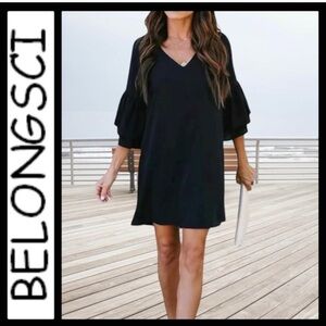Belongsci Black Holiday Dress bell sleeves size S